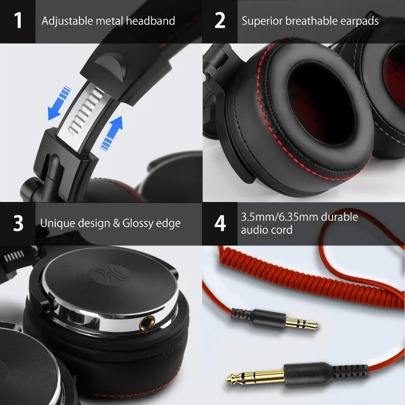 Headphones with adjustable headband, breathable earpads, glossy edge, and durable audio cord.