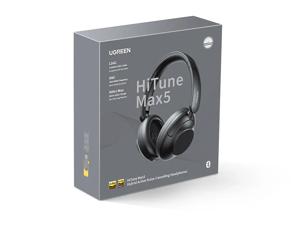 Headphones in a gray box.