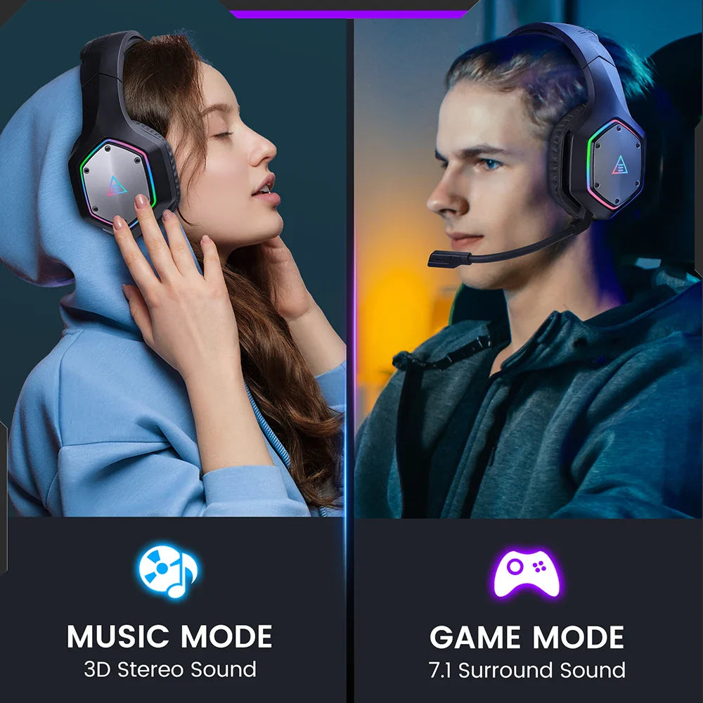 Gaming headphones with two modes: music and game, shown on two people wearing them.