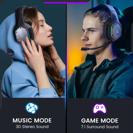 Gaming headphones with two modes: music and game, shown on two people wearing them.