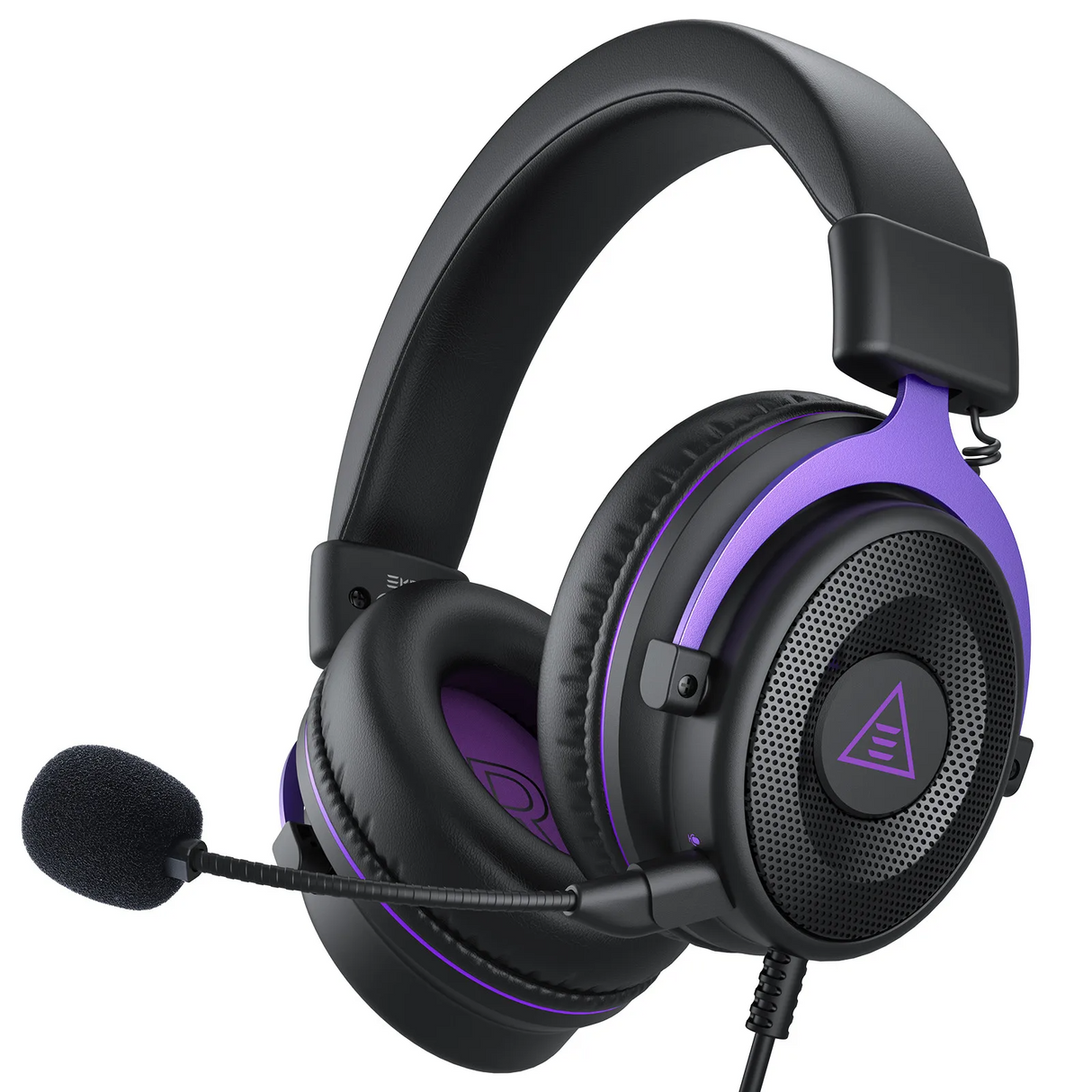 Gaming headset with black and purple color scheme featuring a detachable microphone.