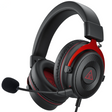 Gaming headset with a black and red color scheme featuring a detachable microphone.
