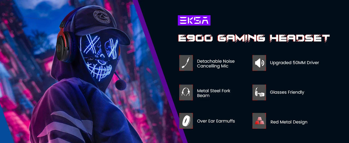 Gaming headset with a glowing blue neon mask visible in front.