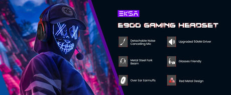 Gaming headset with a glowing blue neon mask visible in front.