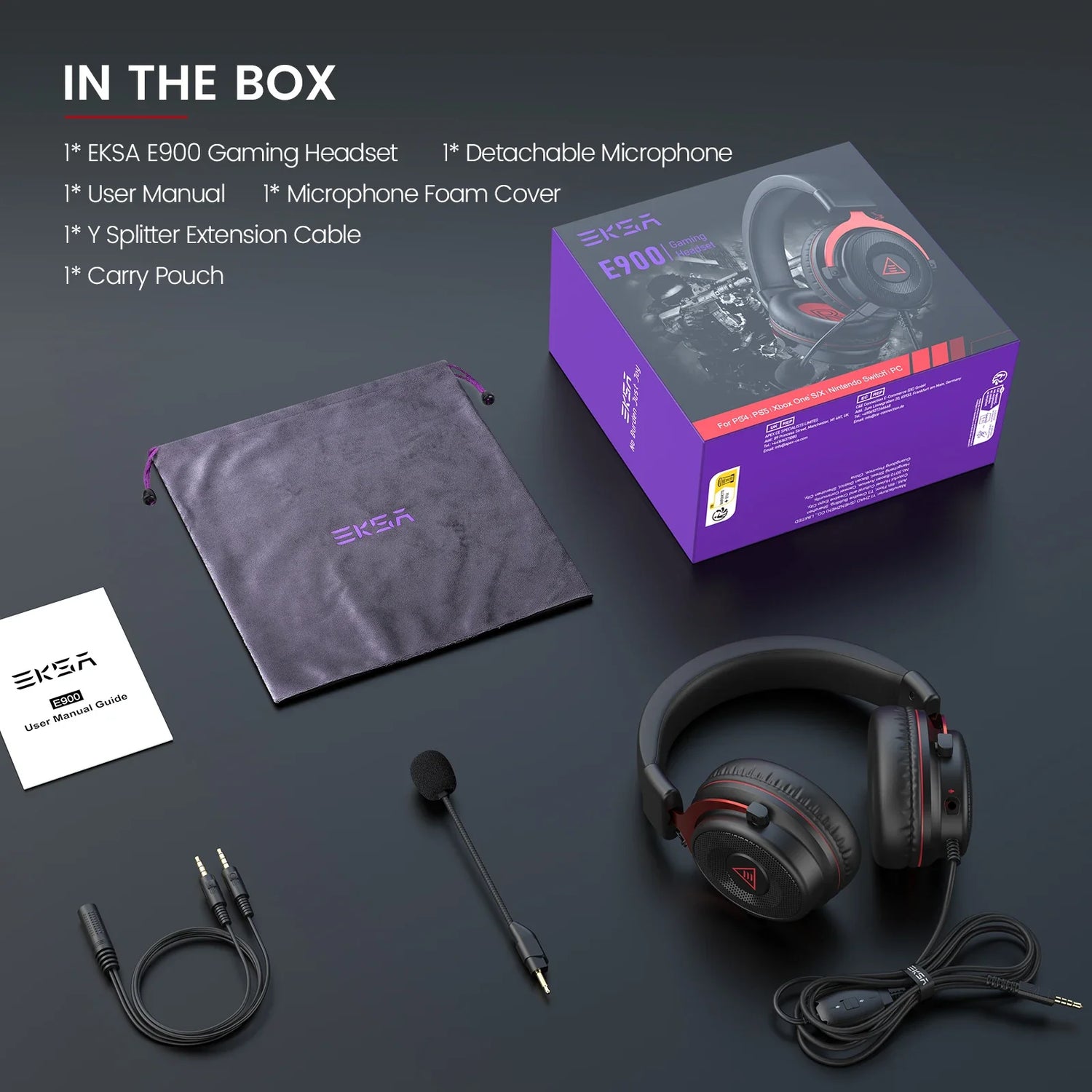 Gaming headset with detachable microphone and accompanying accessories.