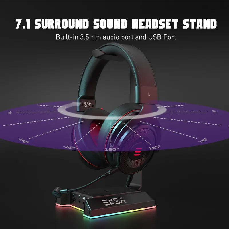 Gaming headset with RGB lighting on a stand featuring 7.1 surround sound capabilities.