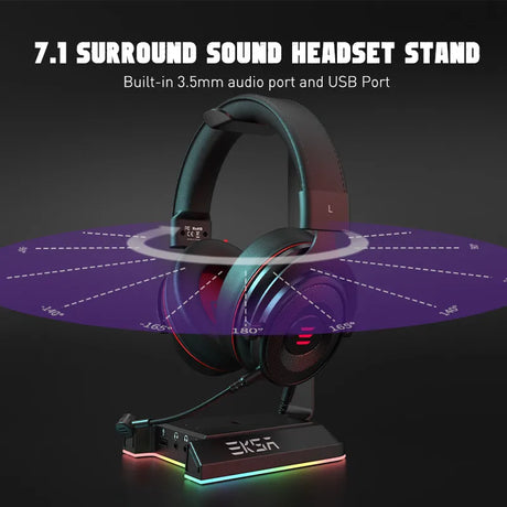Gaming headset with RGB lighting on a stand featuring 7.1 surround sound capabilities.