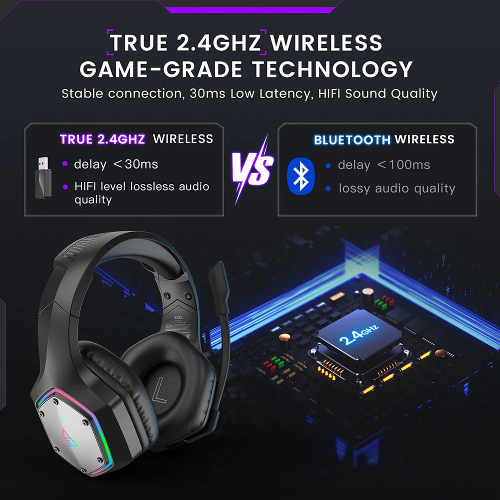 Gaming headset with RGB lighting and wireless connectivity.