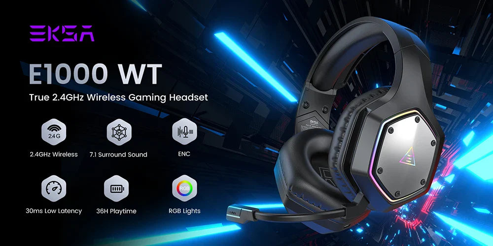 Gaming headset with RGB lighting and wireless connectivity features.