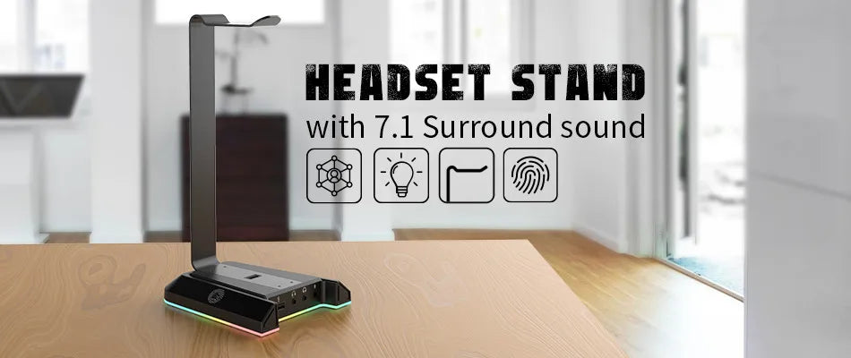 Headset stand with RGB lighting on its base and a curved support arm.