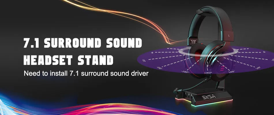 Gaming headset stand with RGB lighting and a 7.1 surround sound label.