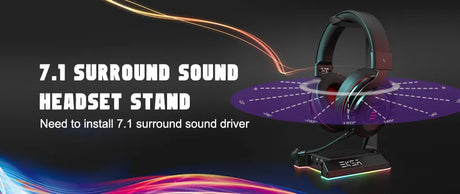 Gaming headset stand with RGB lighting and a 7.1 surround sound label.