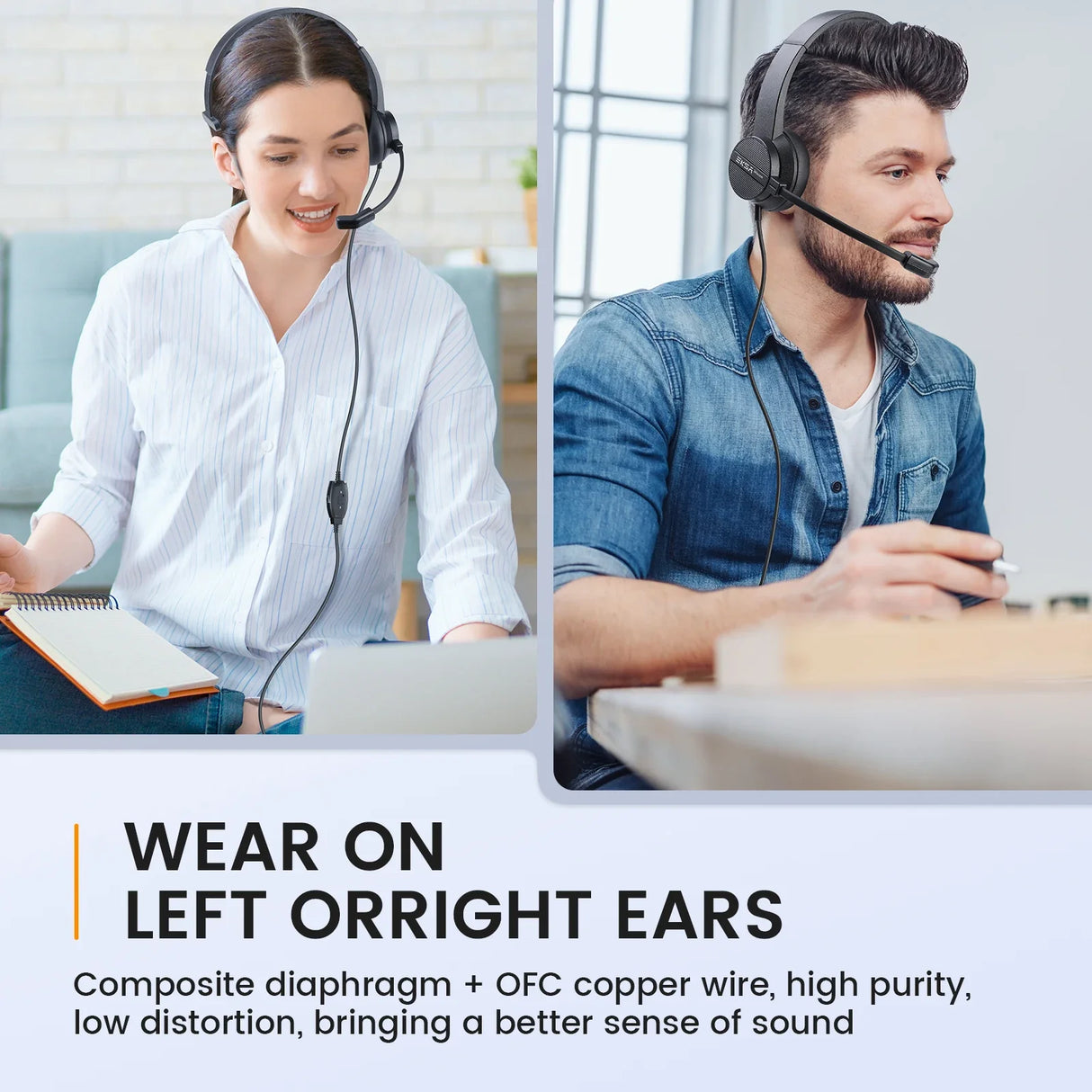 Headsets worn by customer service representatives in an office setting.