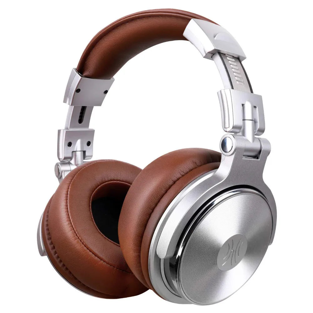 High-end over-ear headphones with brown leather ear cups and silver metal accents.