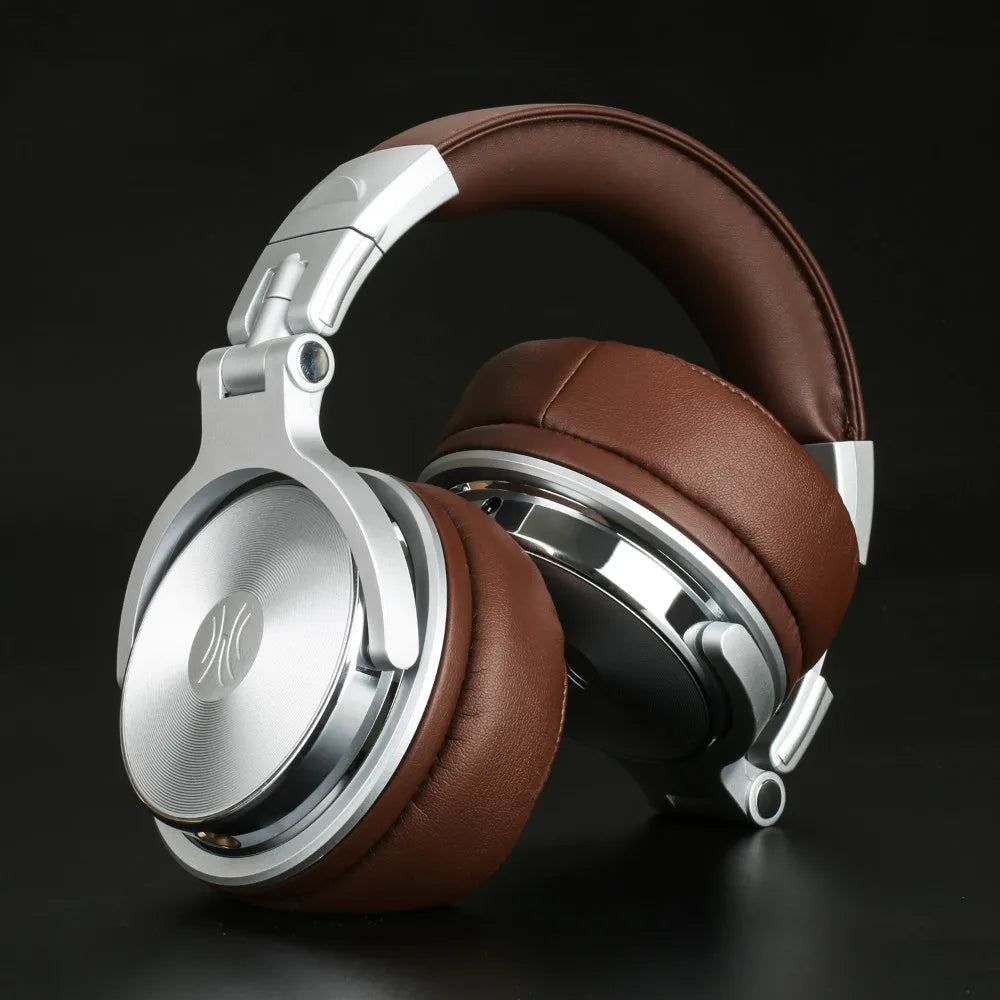High-end over-ear headphones with silver metal and brown leather components.