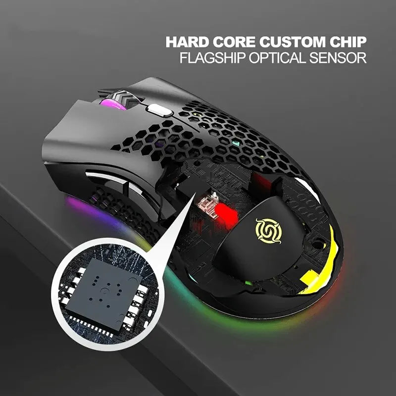 High-performance gaming mouse with a honeycomb shell design and RGB lighting.