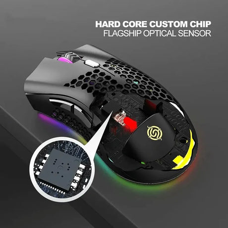 High-performance gaming mouse with a honeycomb shell design and RGB lighting.