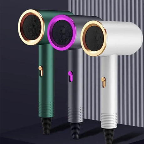 two different colored hair dryers on a black background