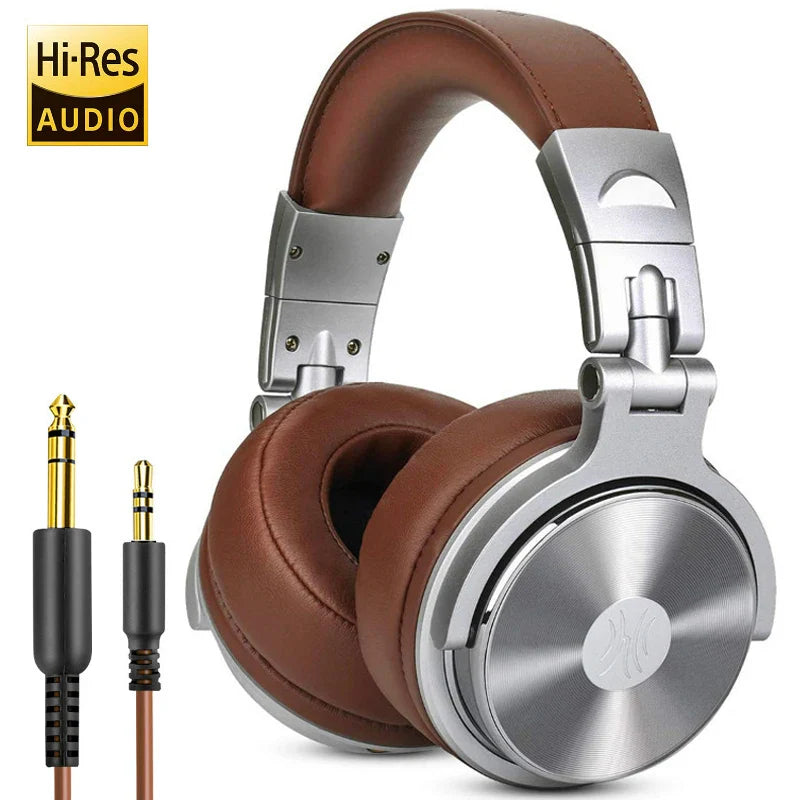 High-quality over-ear headphones with brown leather padding and silver metal accents.