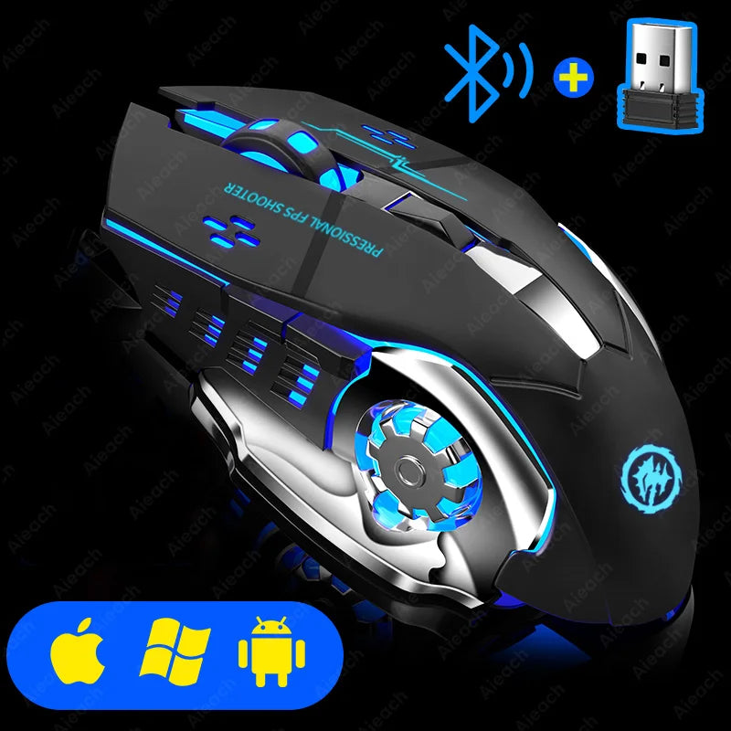 High-tech gaming mouse with blue LED accents and multiple buttons.