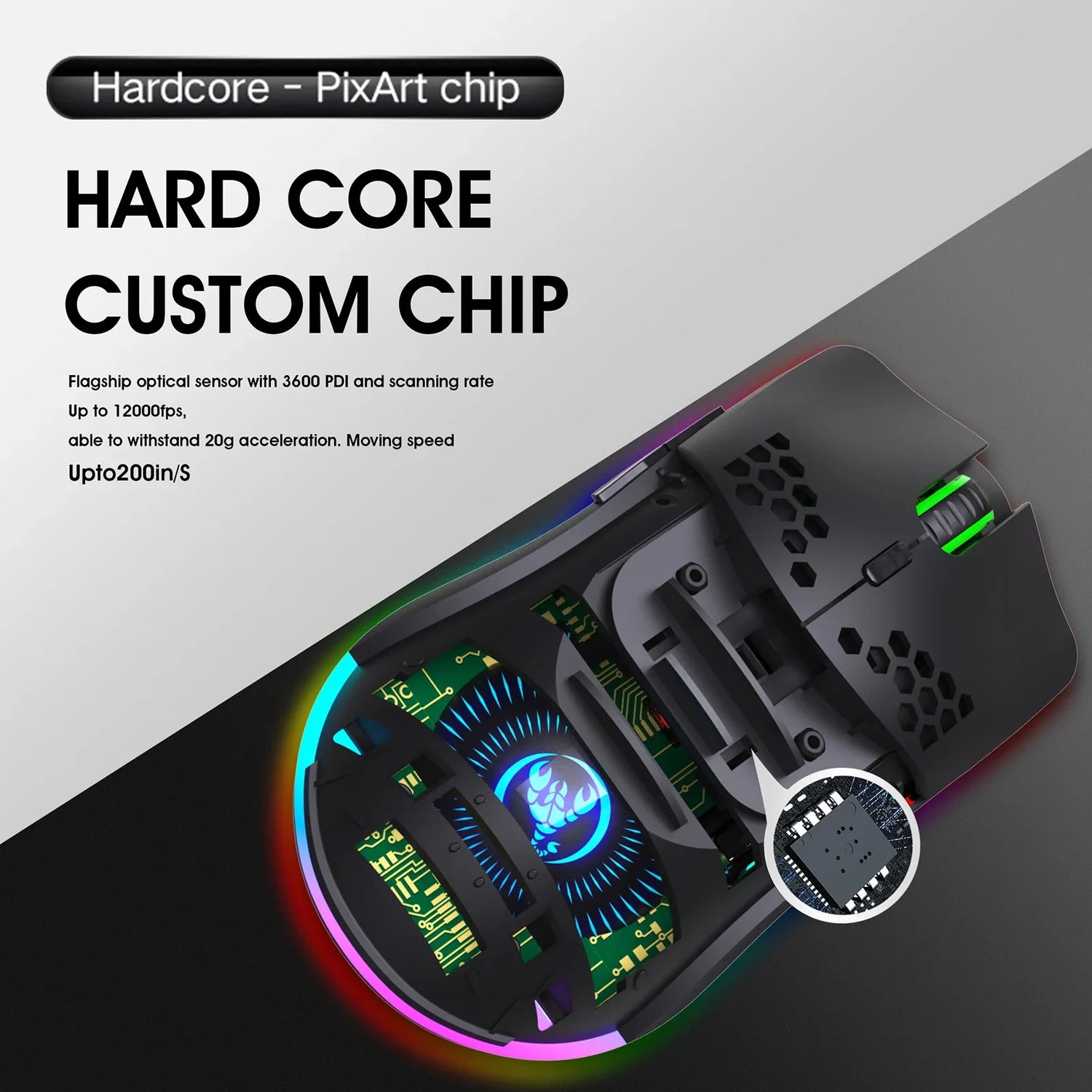 High-tech gaming mouse with a customizable digital display and RGB lighting.