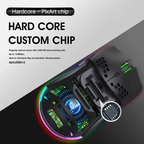 High-tech gaming mouse with a customizable digital display and RGB lighting.