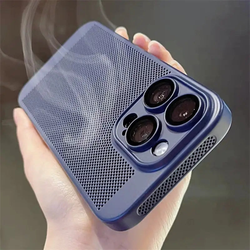 a hand holding a blue iphone case with a smoke coming out of it