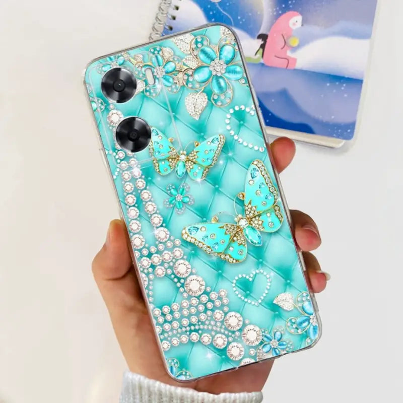 a woman holding a phone case with a blue and white pattern