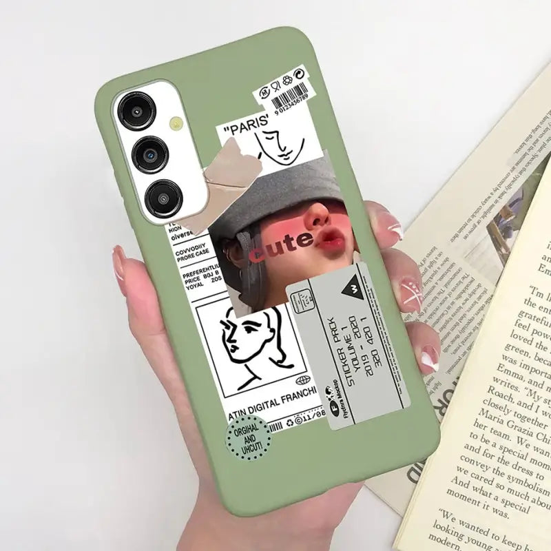 someone holding a phone case with a picture of a woman with a hat on