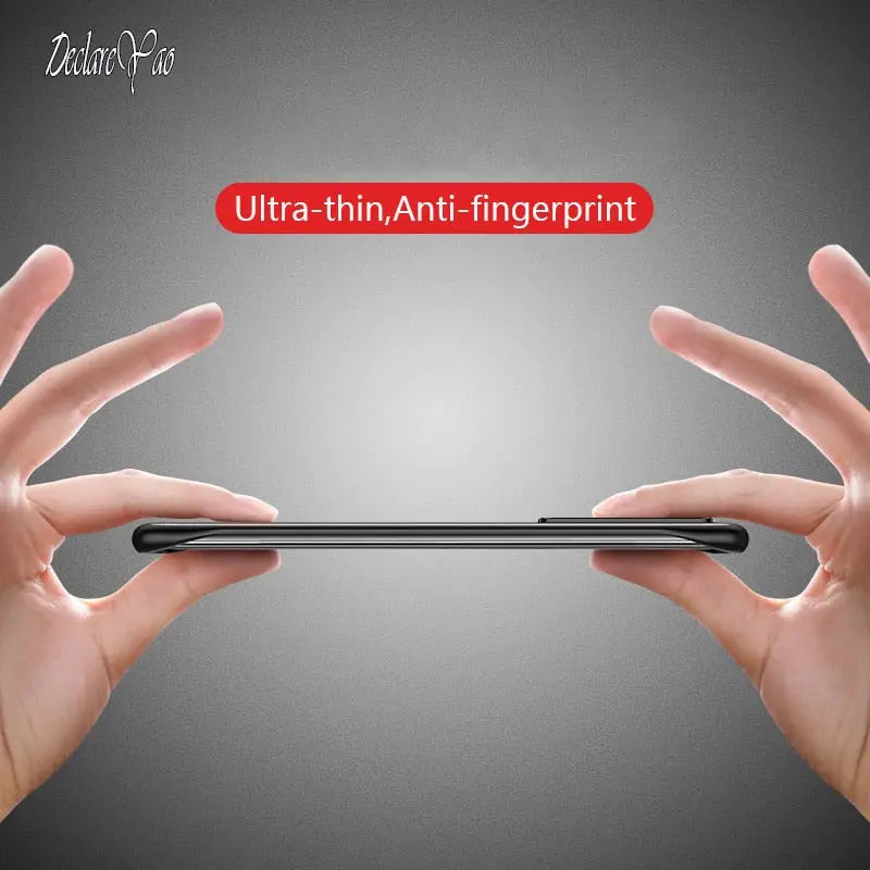 someone holding a phone with a red text on it