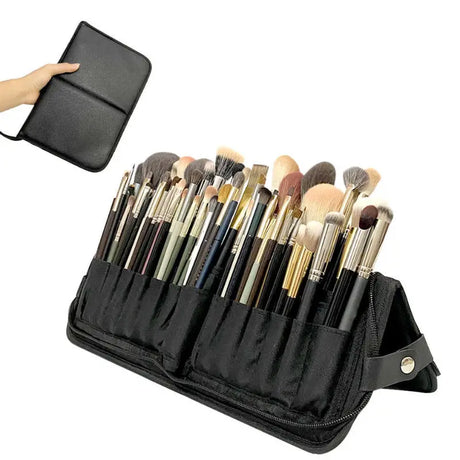 a black makeup brush case with a black brush holder