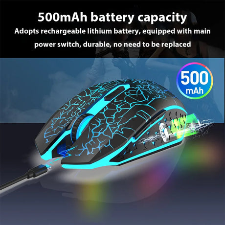 Illuminated gaming mouse with a crackle-pattern design and a rechargeable 500mAh battery.