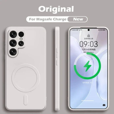 An image of a white phone with a charging button on the back