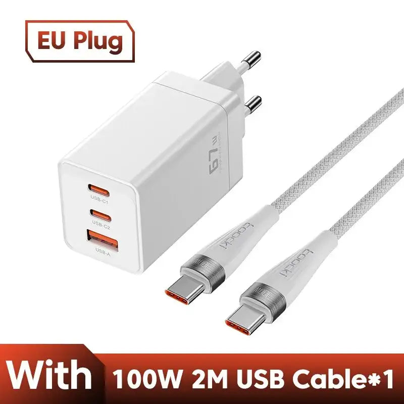 An image of a white usb charger with two cables