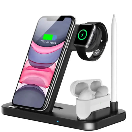 an image of a wireless charging station with an iphone and earphones