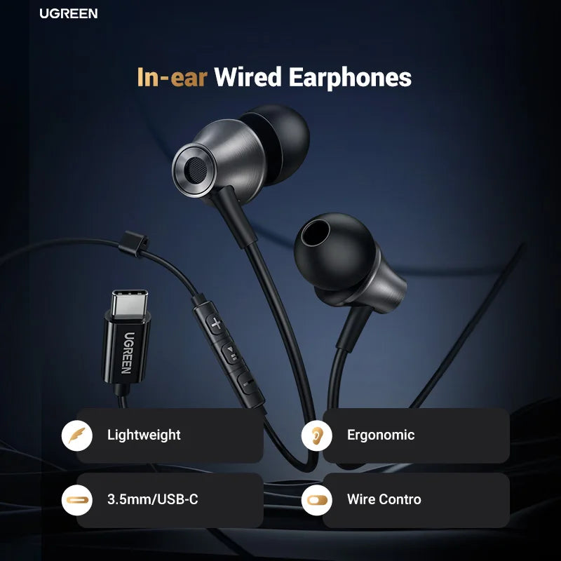 In-ear wired earphones with USB-C connector.