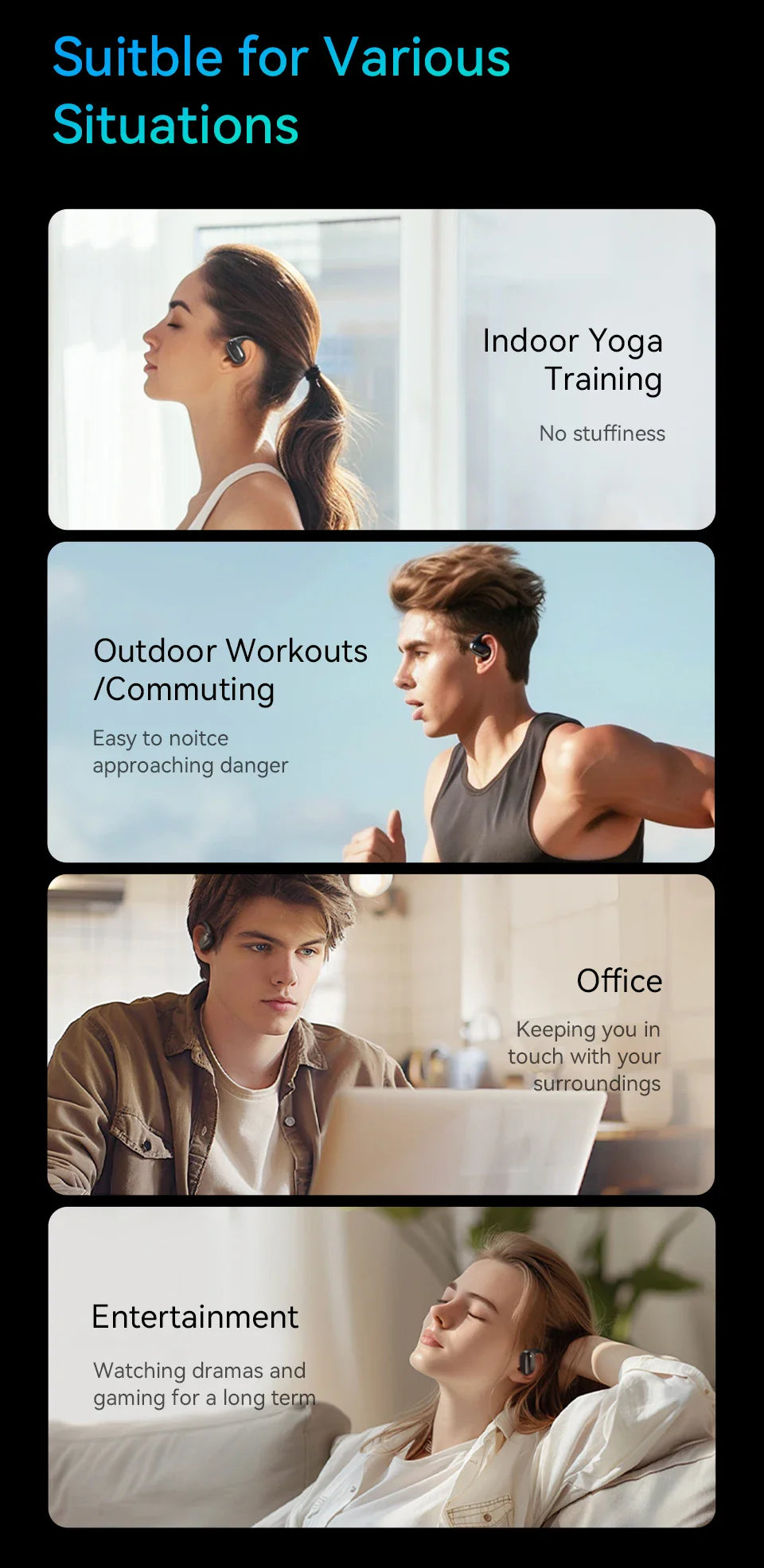 Infographic showcasing various situations where wireless earbuds can be used.