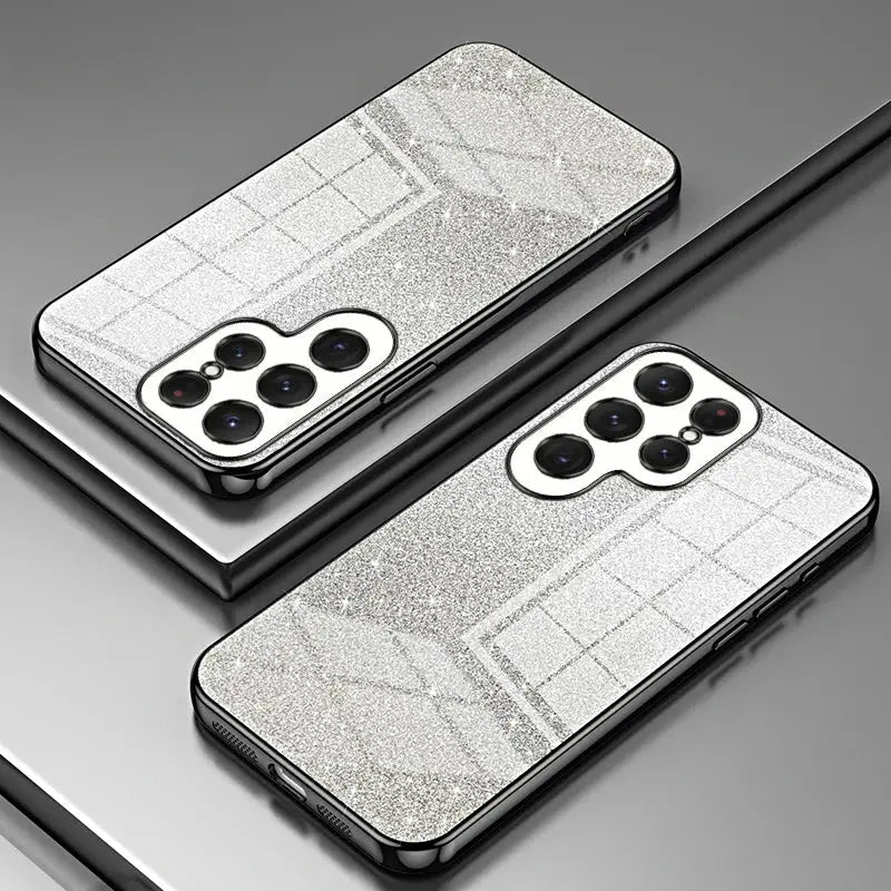 The back and front of the iphone 11 pro with a silver glitter case
