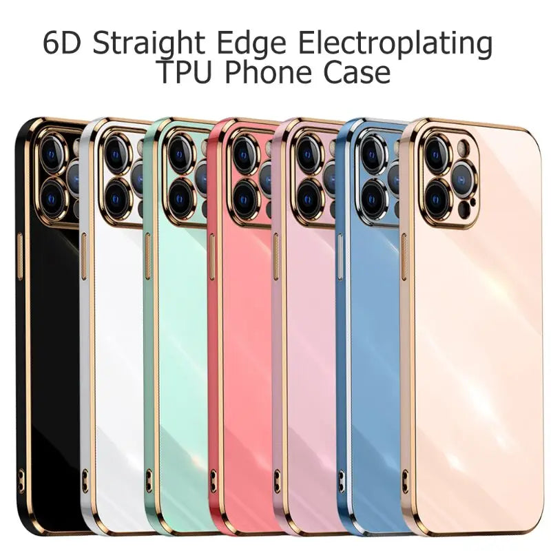 a close up of a group of iphones with the text 6 0 straight edge electroplating tpu