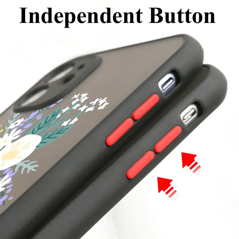 The iphone case is shown with the red button