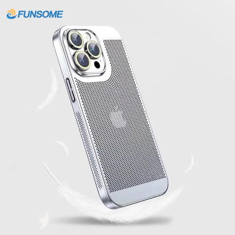 a white iphone case with a silver metal mesh design