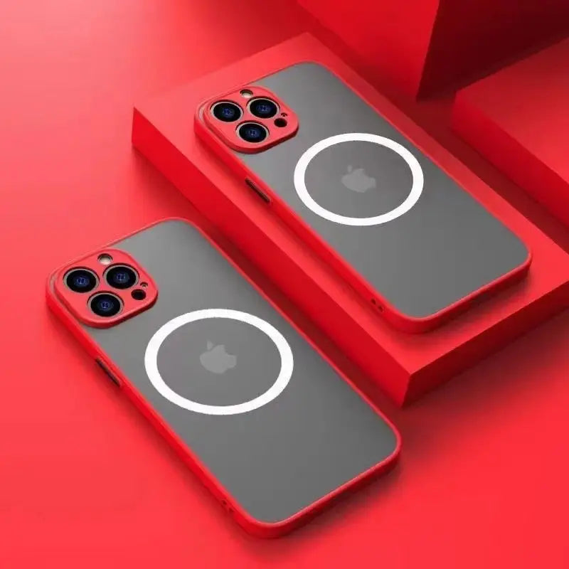 two red iphone cases with a white circle on them