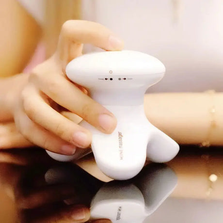 a person holding a small white toy