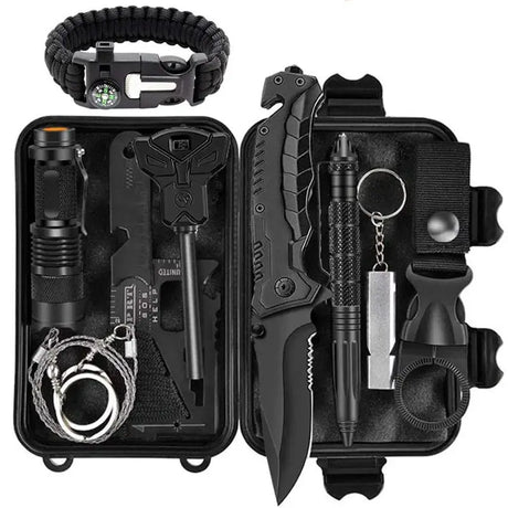 a close up of a black case with a knife, flashlight, and other items