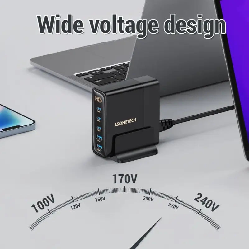 A laptop, phone and a tablet with the words wi voltage design