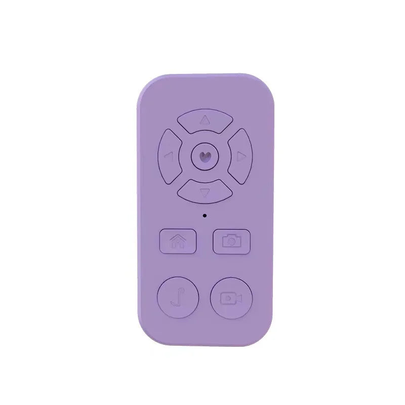 Lavender-colored remote control with circular and rectangular buttons.