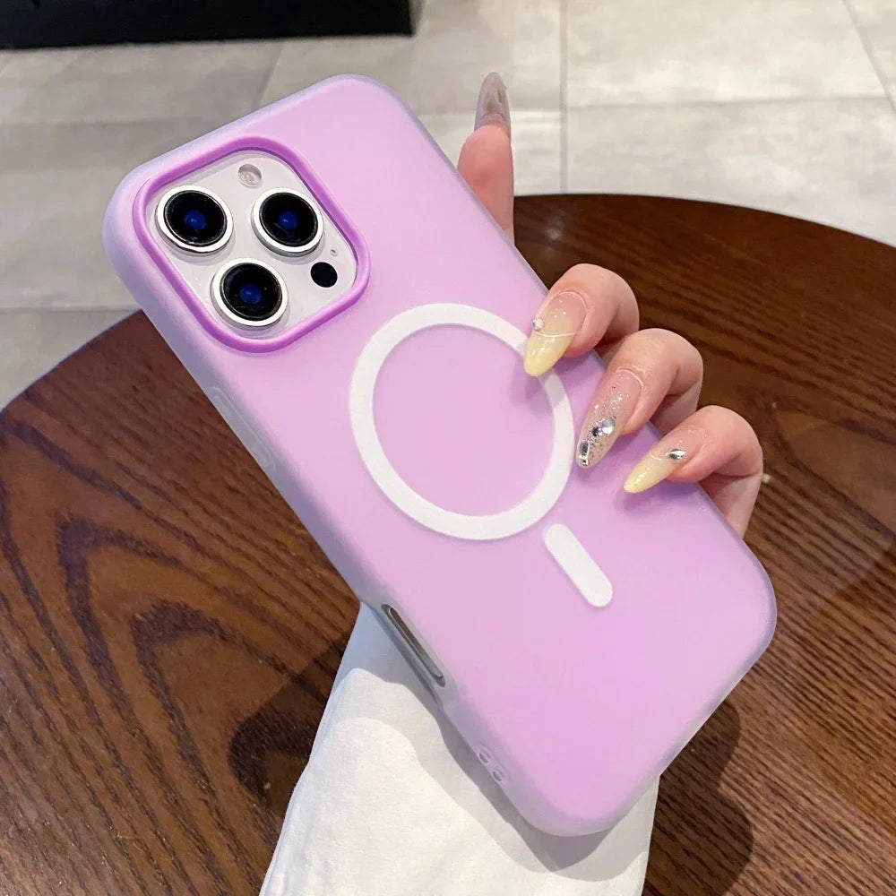 A lavender iPhone case with a white MagSafe ring and accent.