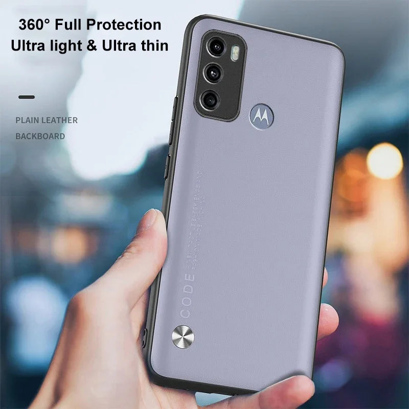 A lavender Motorola phone case with a black frame and a textured back.