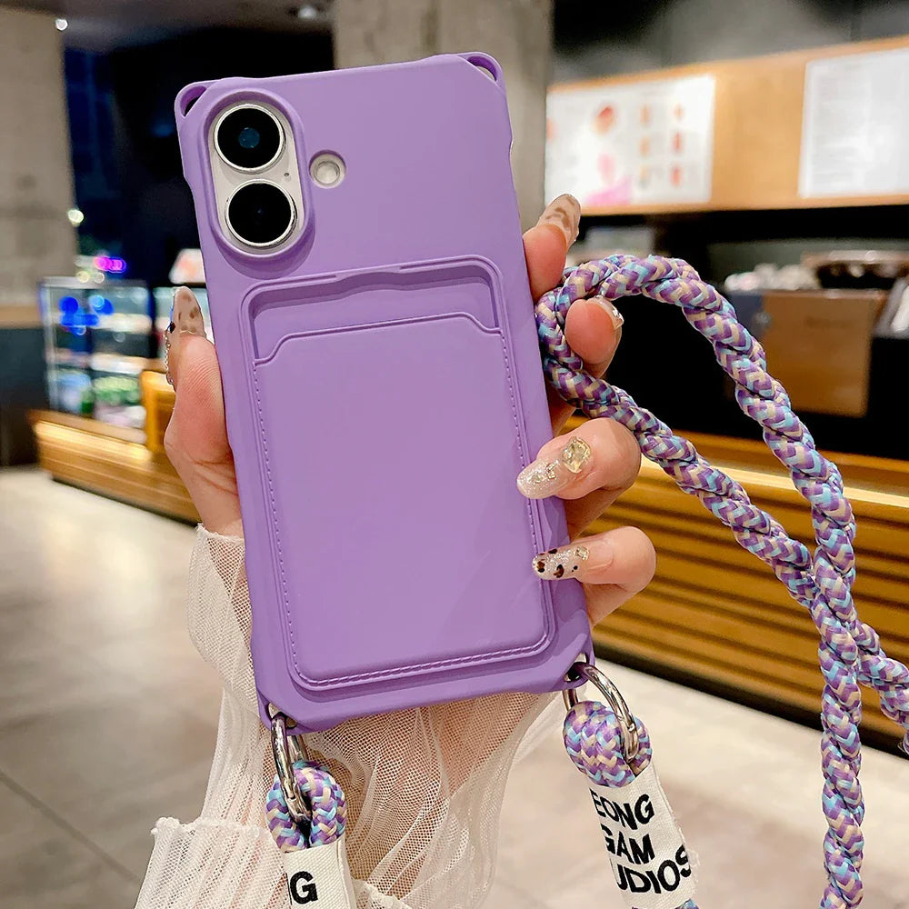 Lavender phone case with card holder and braided strap.