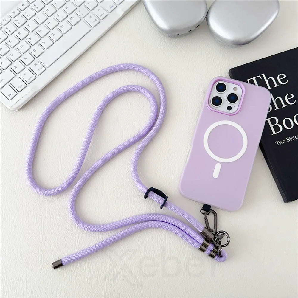 Lavender phone case with lanyard.
